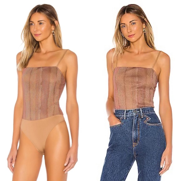 Majorelle Vincent Mesh Sparkle Bodysuit S Brown Metallic Summer Fall Revolve - Picture 2 of 15